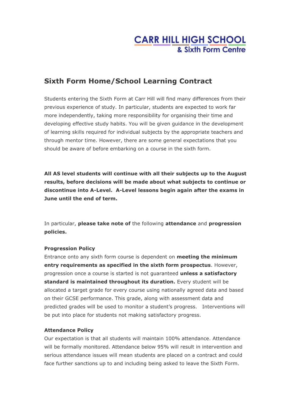 Sixth Form Home/School Learning Contract