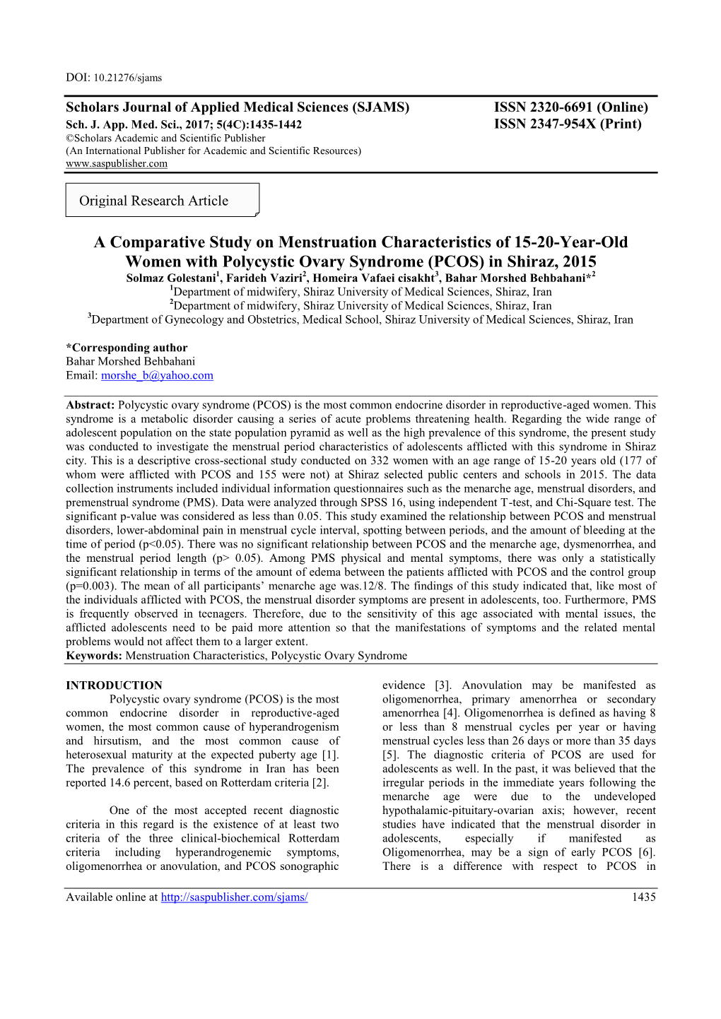 A Comparative Study on Menstruation Characteristics of 15-20-Year-Old