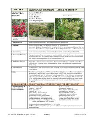 Heteromeles Arbutifolia (Lindl.) M. Roemer NRCS CODE: Subfamily: Maloideae Family: Rosaceae (HEAR5) Photos: A
