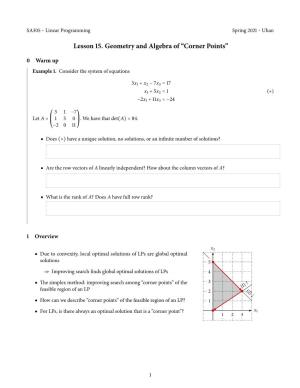 Lesson . Geometry and Algebra of “Corner Points”