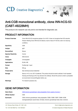 Anti-CGB Monoclonal Antibody, Clone INN-Hcg-53 (CABT-49228MH) This Product Is for Research Use Only and Is Not Intended for Diagnostic Use