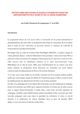 Inventaire Des Livres Italiens Conservés Dans Les Départements De L’Eure Et De La Seine-Maritime