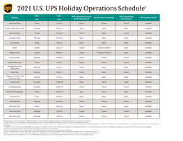 2021 U.S. UPS Holiday Operations Schedule*