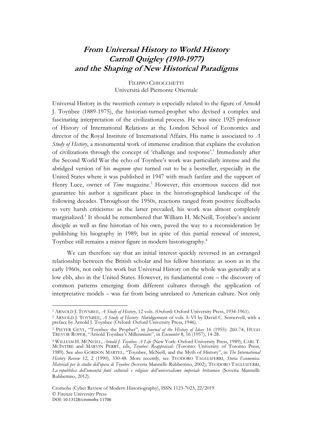 From Universal History to World History Carroll Quigley (1910-1977) and the Shaping of New Historical Paradigms