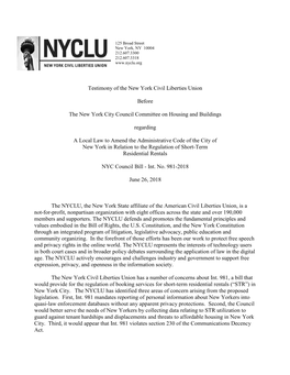 Airbnb NYCLU Testimony