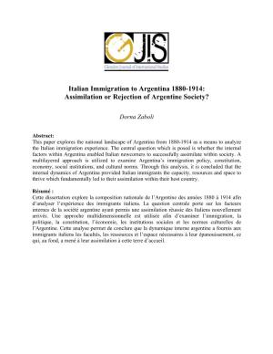Italian Immigration to Argentina 1880-1914: Assimilation Or Rejection of Argentine Society?