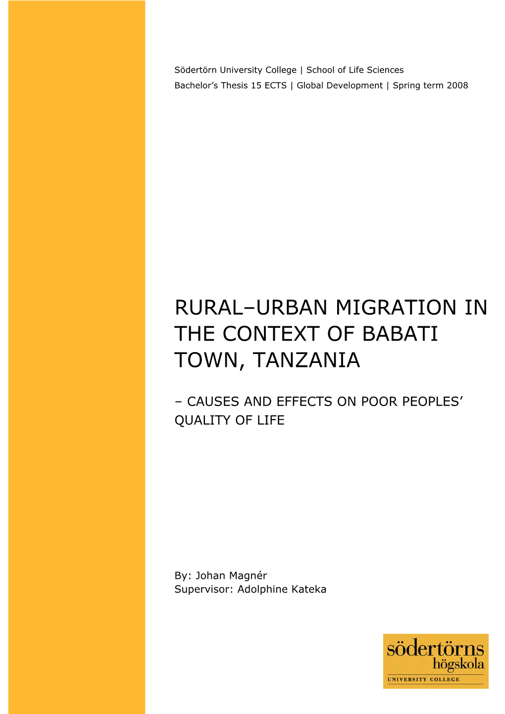 Rural–Urban Migration in the Context of Babati Town