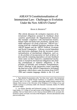 ASEAN' S Constitutionalization of International Law: Challenges to Evolution Under the New ASEAN Charter*