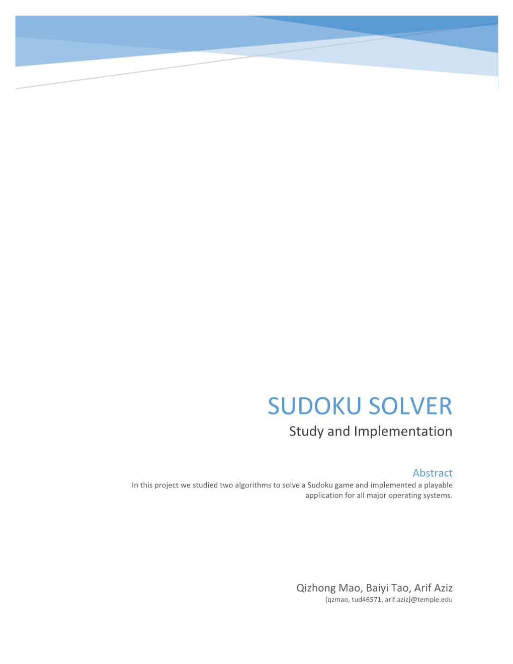 SUDOKU SOLVER Study and Implementation