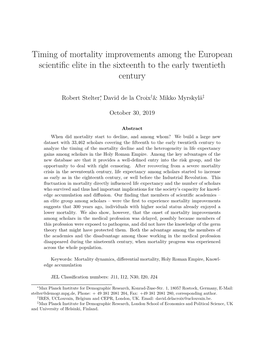 Timing of Mortality Improvements Among the European Scientiﬁc Elite in the Sixteenth to the Early Twentieth Century
