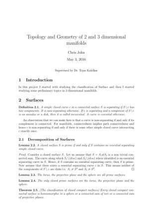 Topology and Geometry of 2 and 3 Dimensional Manifolds