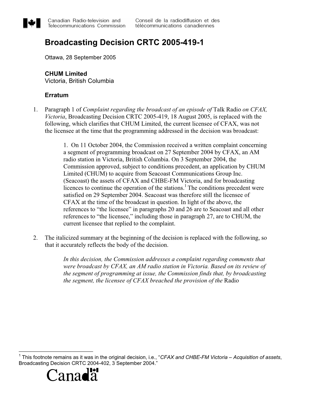 Broadcasting Decision CRTC 2005-419-1