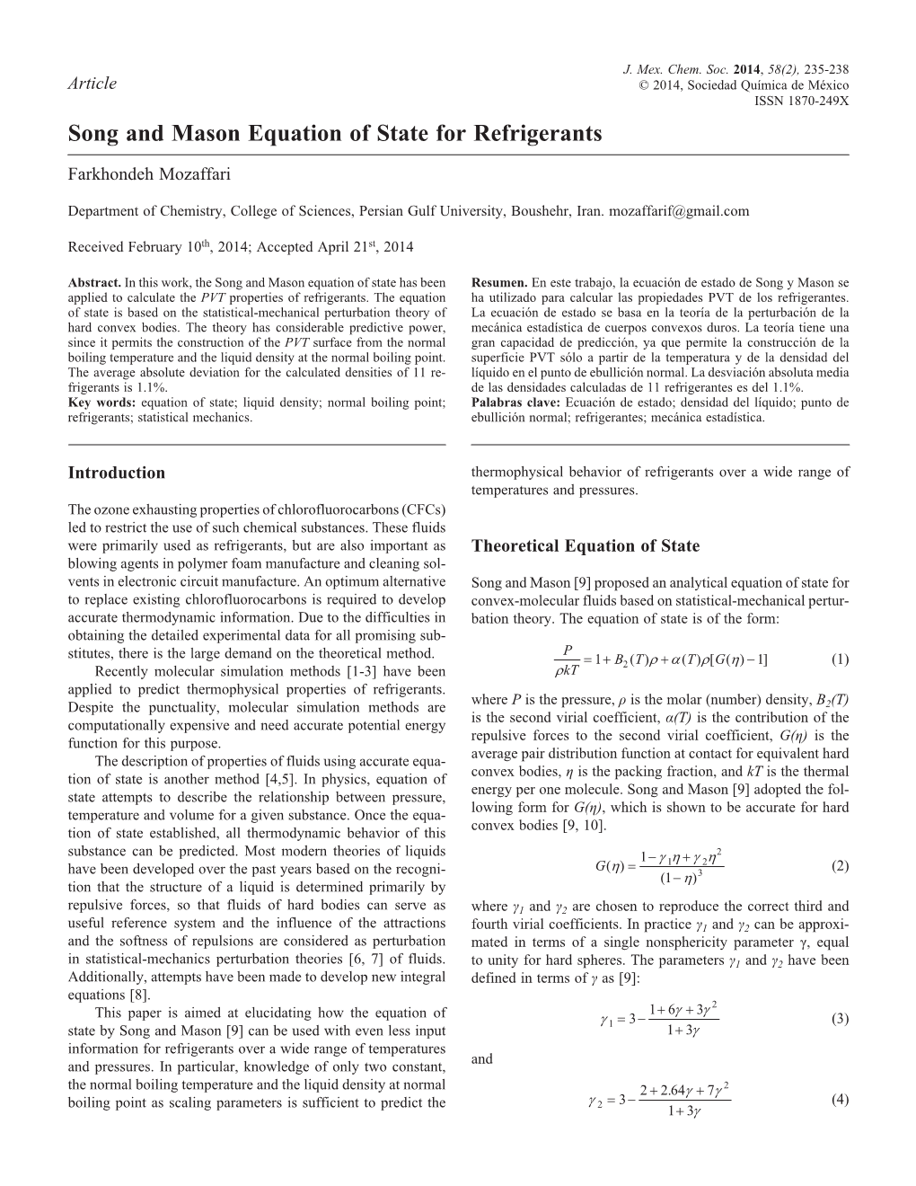 Song and Mason Equation of State for Refrigerants © 2014, Sociedad Química De México235 ISSN 1870-249X Song and Mason Equation of State for Refrigerants