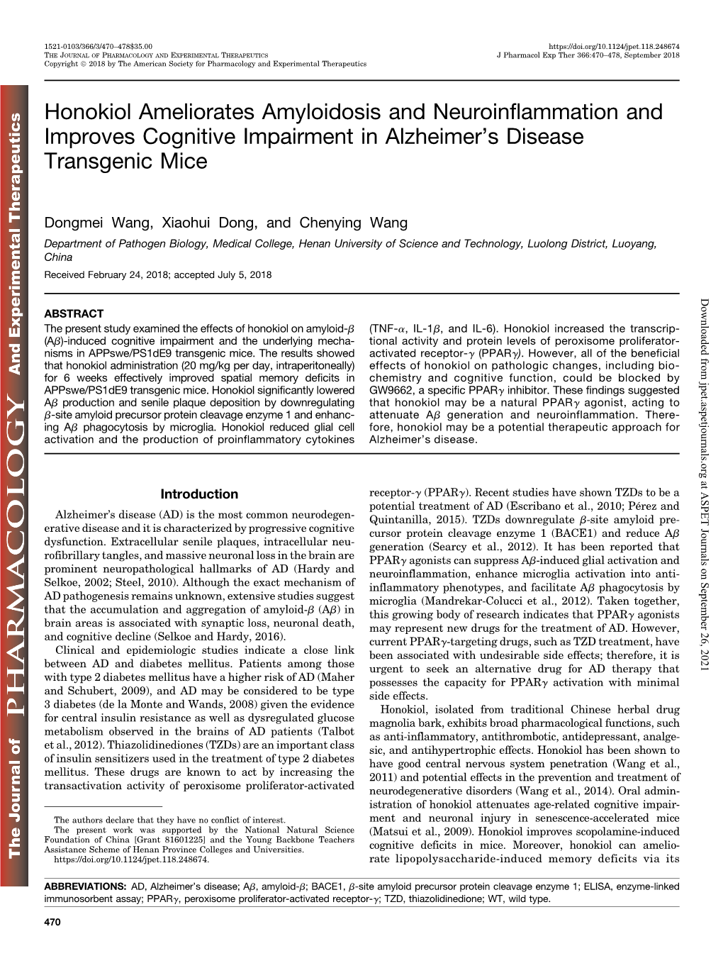 Honokiol Ameliorates Amyloidosis and Neuroinflammation and Improves Cognitive Impairment in Alzheimer’S Disease Transgenic Mice