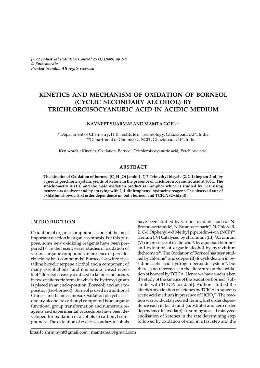 Kinetics and Mechanism of Oxidation of Borneol (Cyclic Secondary Alcohol) by Trichloroisocyanuric Acid in Acidic Medium