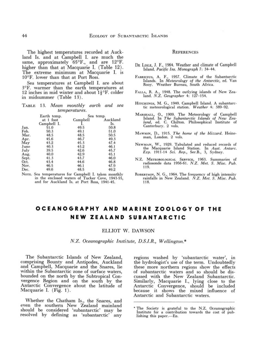 Oceanography and Marine Zoology of the New Zealand Subantarctic