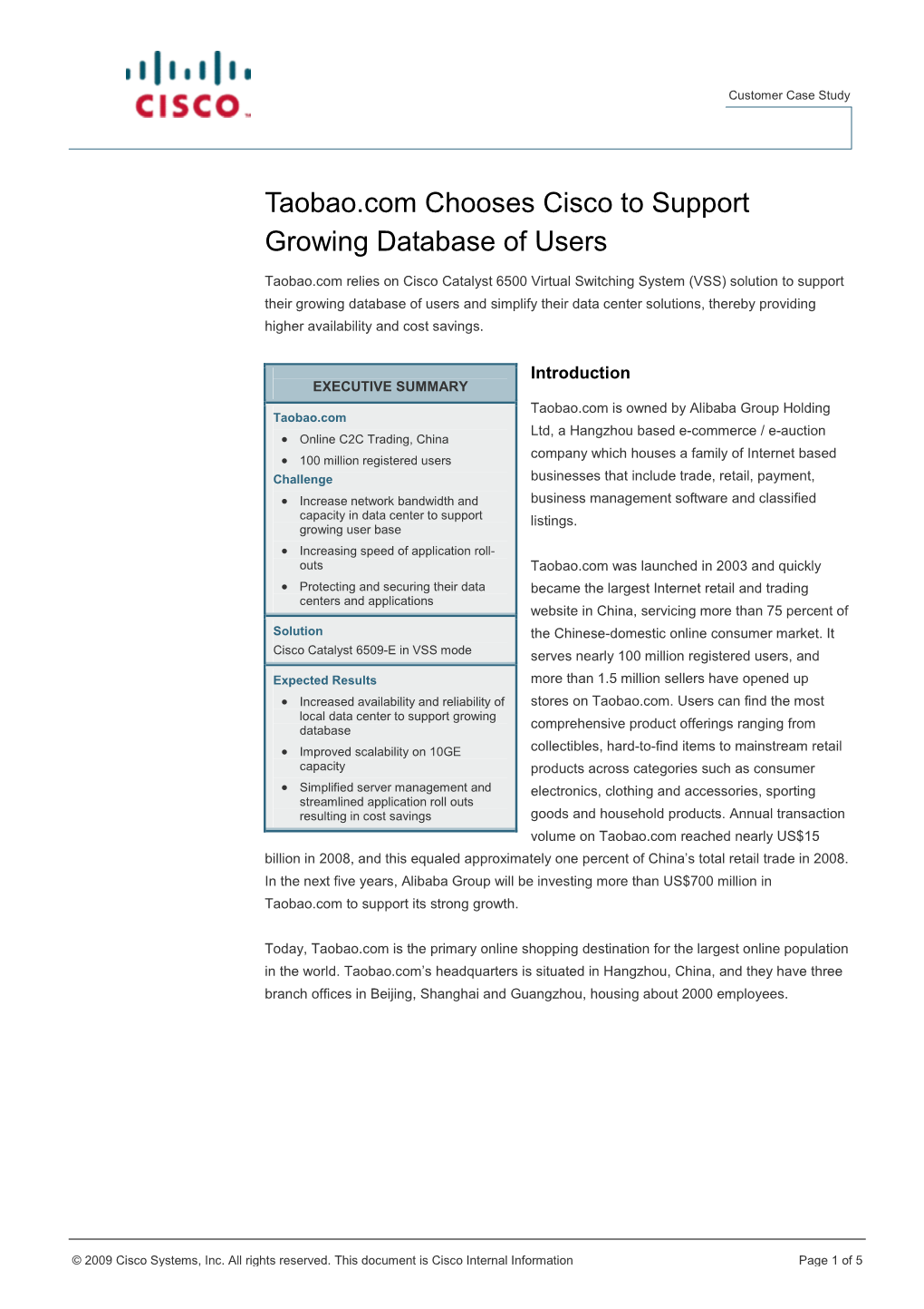 Case Study: Taobao.Com Chooses Cisco to Support User Database