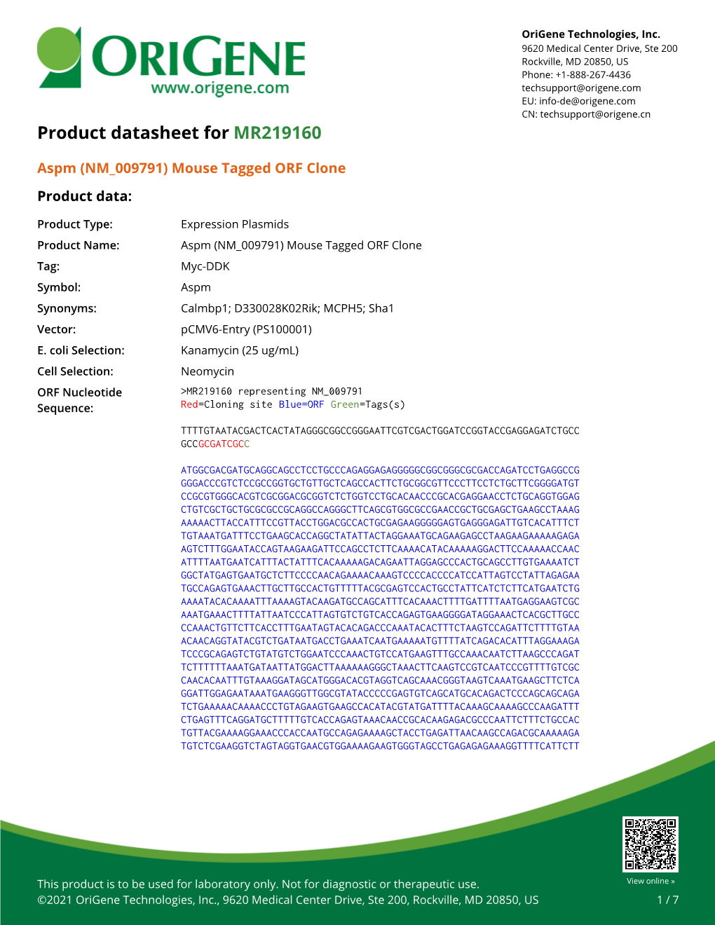 Aspm (NM 009791) Mouse Tagged ORF Clone Product Data