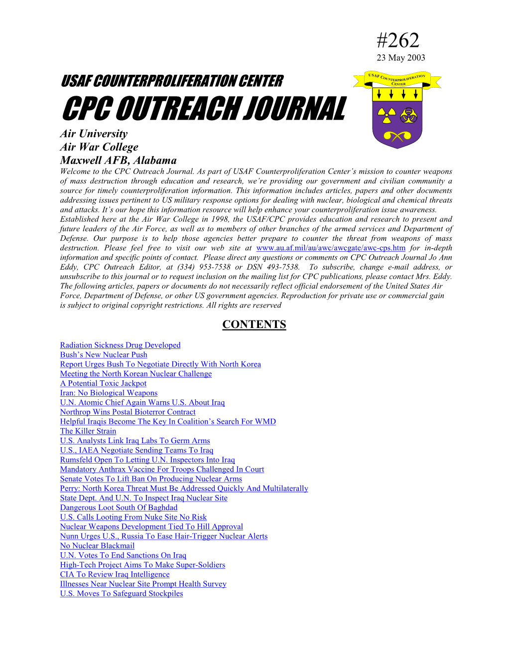 USAF Counterproliferation Center CPC Outreach Journal #262