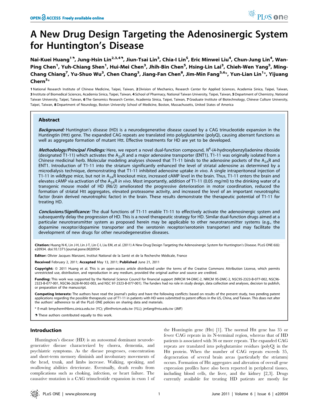 A New Drug Design Targeting the Adenosinergic System for Huntington’S Disease