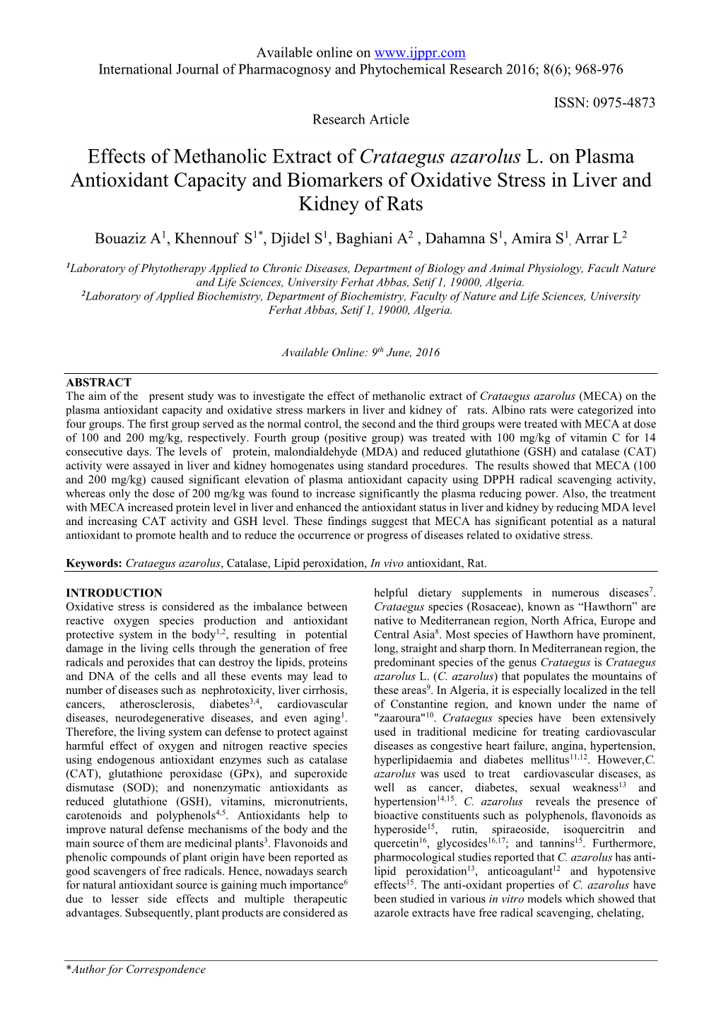 Effects of Methanolic Extract of Crataegus Azarolus L