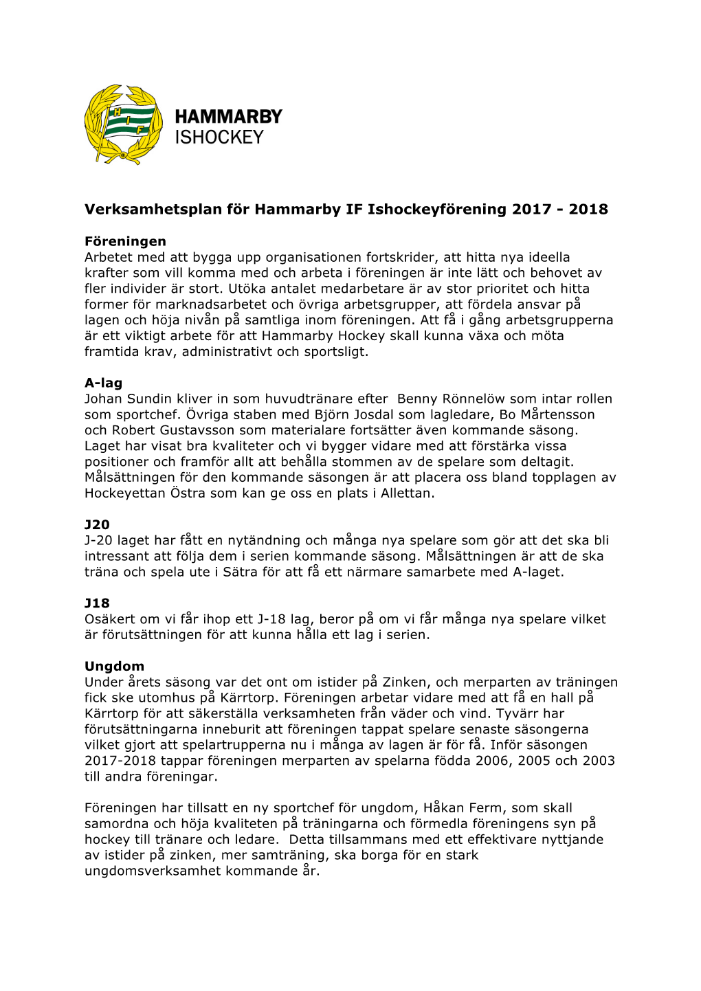Verksamhetsplan För Hammarby IF Ishockeyförening 2017 - 2018