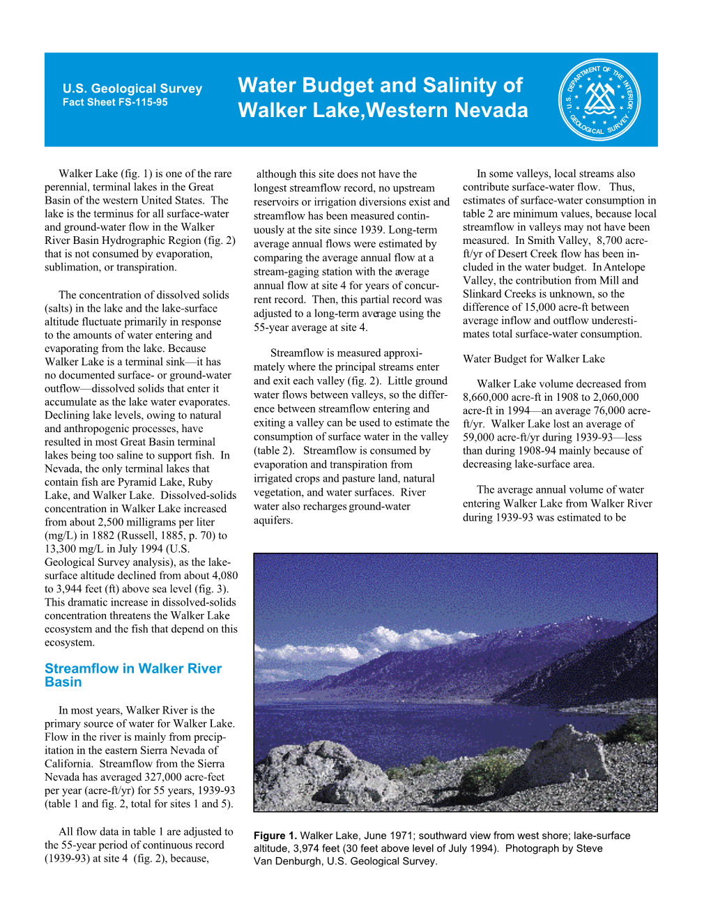 Water Budget and Salinity of Walker Lake,Western Nevada