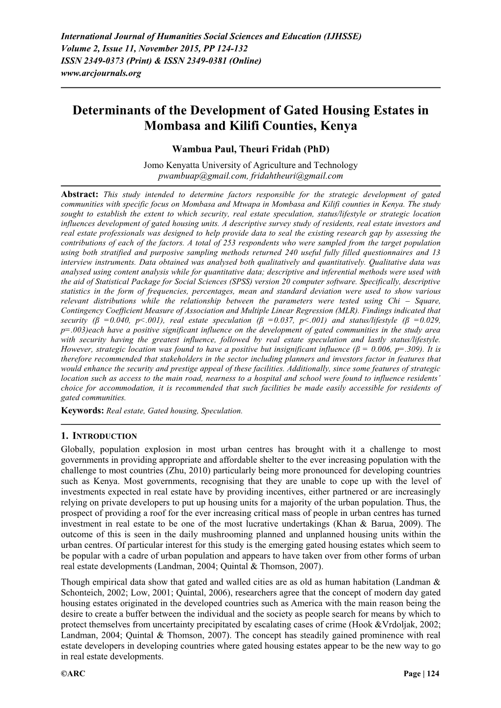 Determinants of the Development of Gated Housing Estates in Mombasa and Kilifi Counties, Kenya