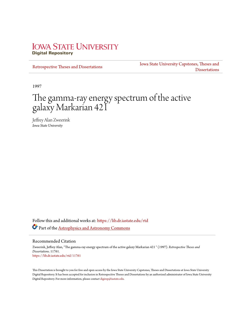 The Gamma-Ray Energy Spectrum of the Active Galaxy Markarian