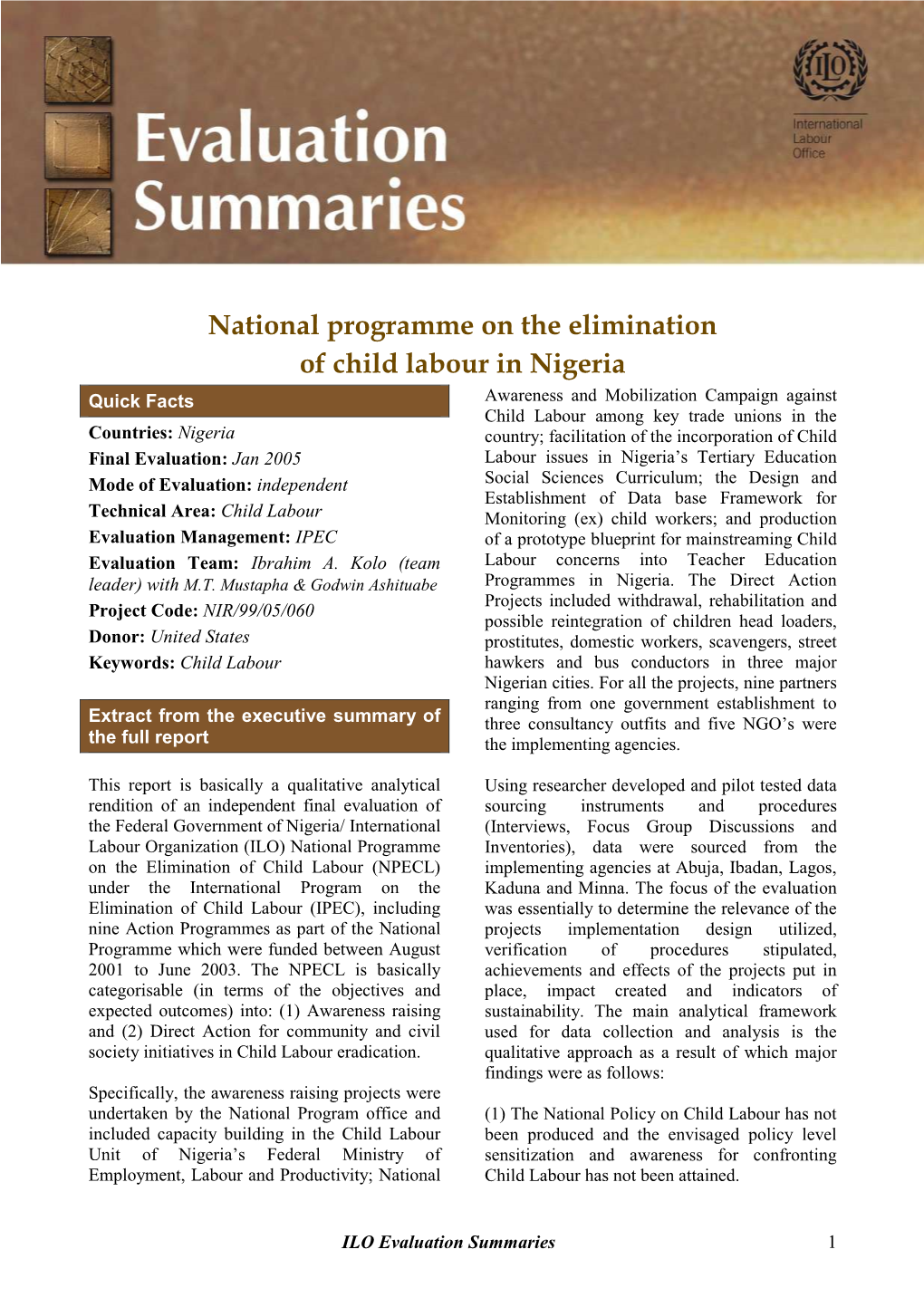 National Programme on the Elimination of Child Labour in Nigeria