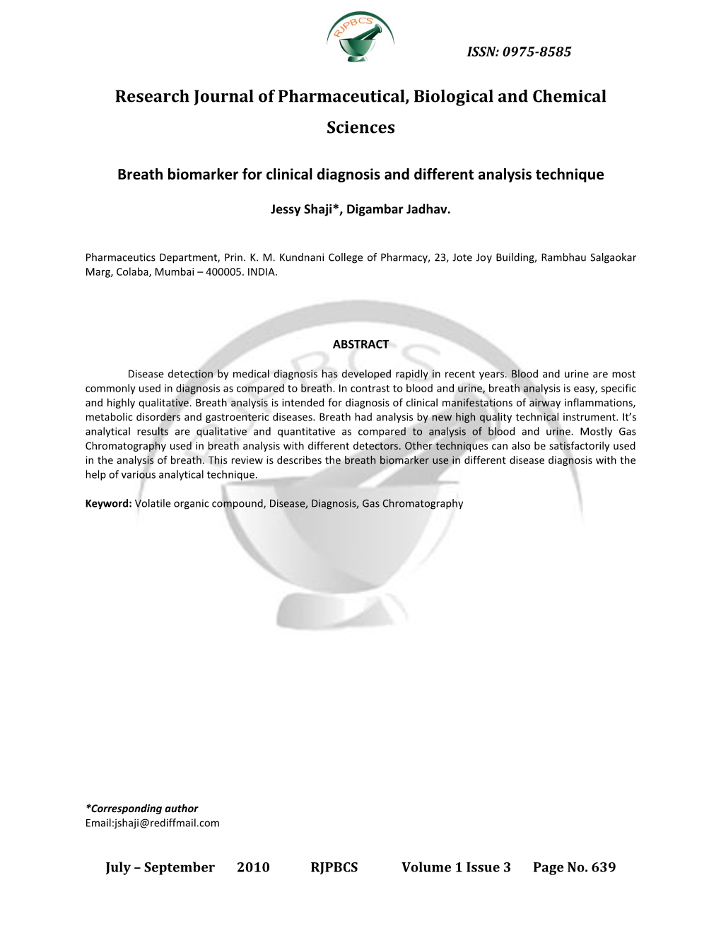 Breath Biomarker for Clinical Diagnosis and Different Analysis Technique