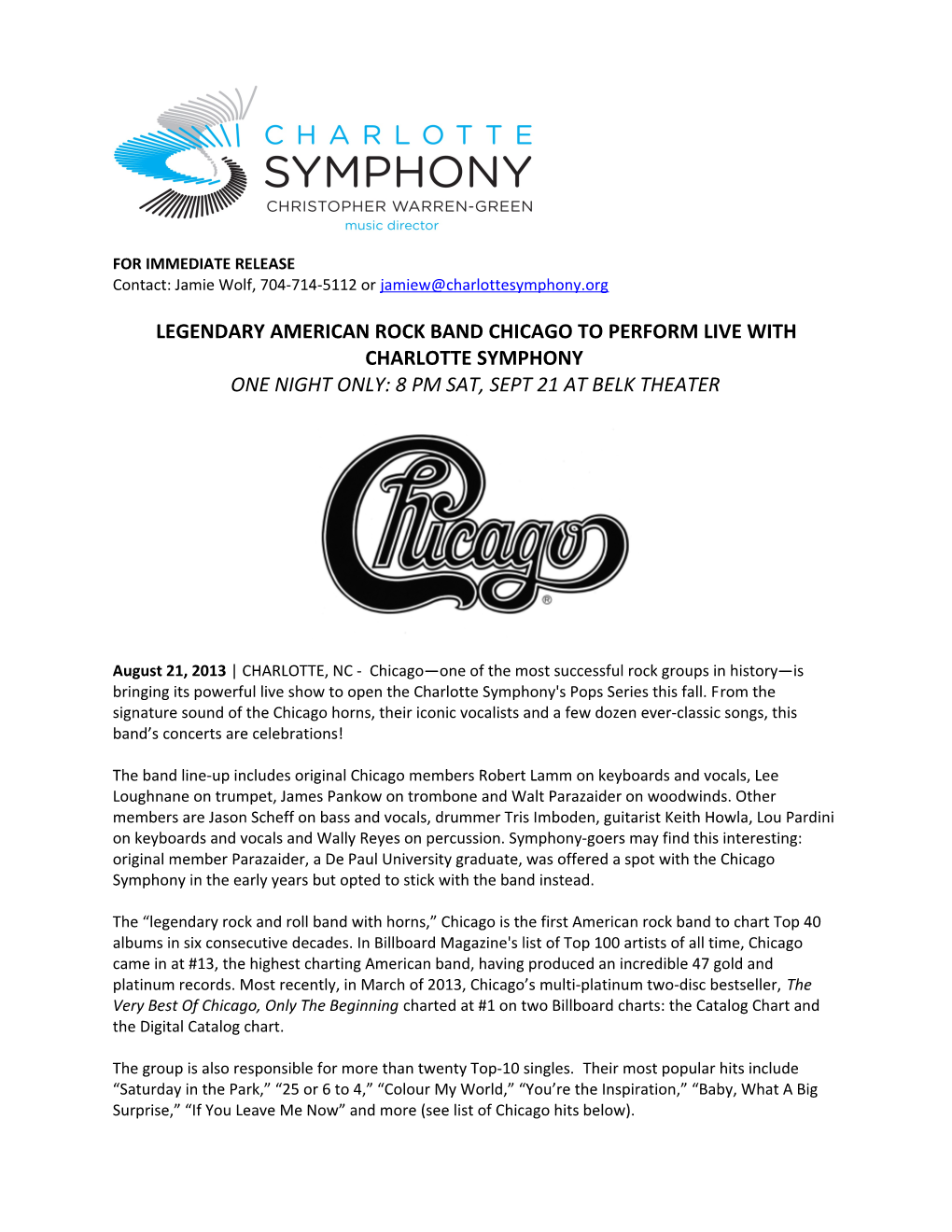 Legendary American Rock Band Chicago to Perform Live with Charlotte Symphony One Night Only: 8 Pm Sat, Sept 21 at Belk Theater