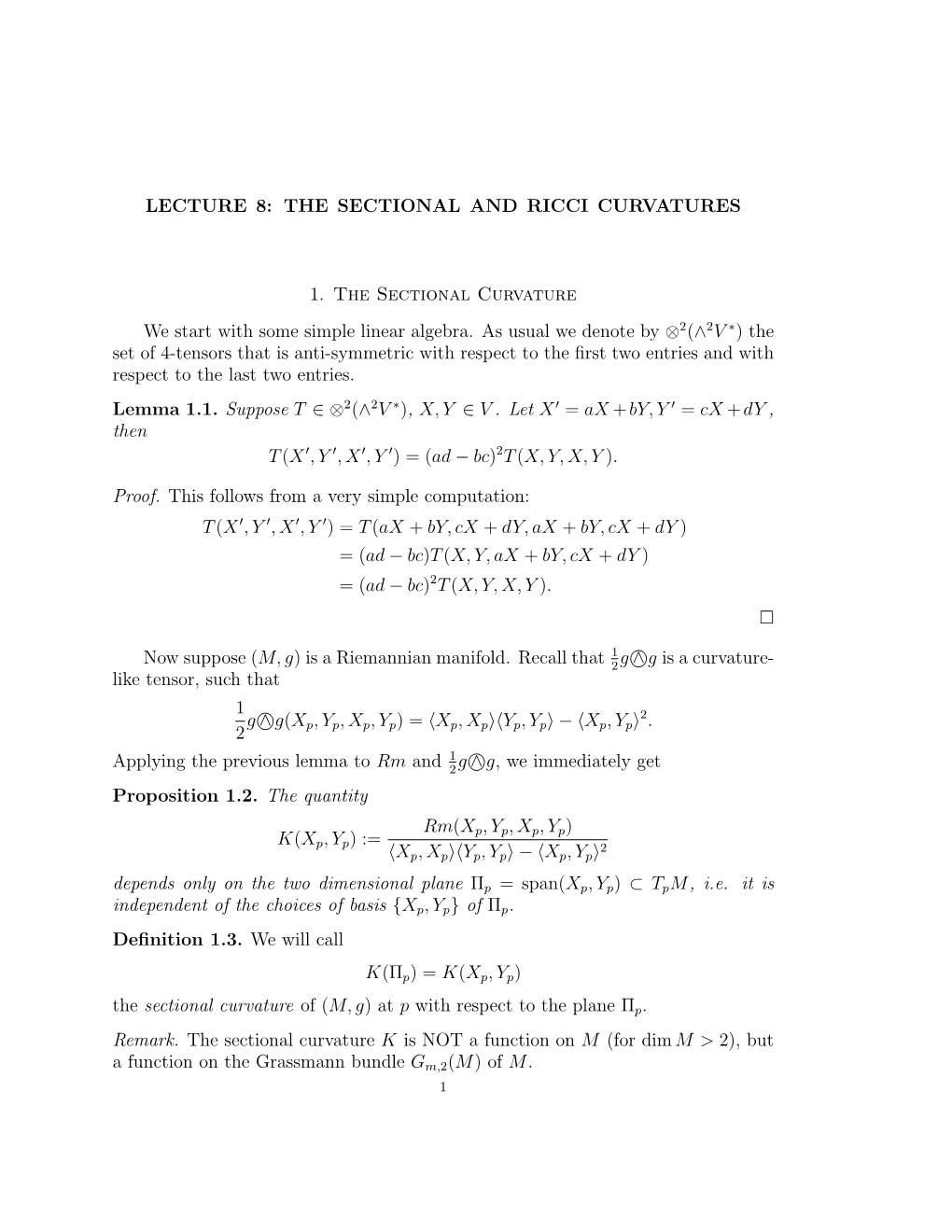 Lecture 8: the Sectional and Ricci Curvatures