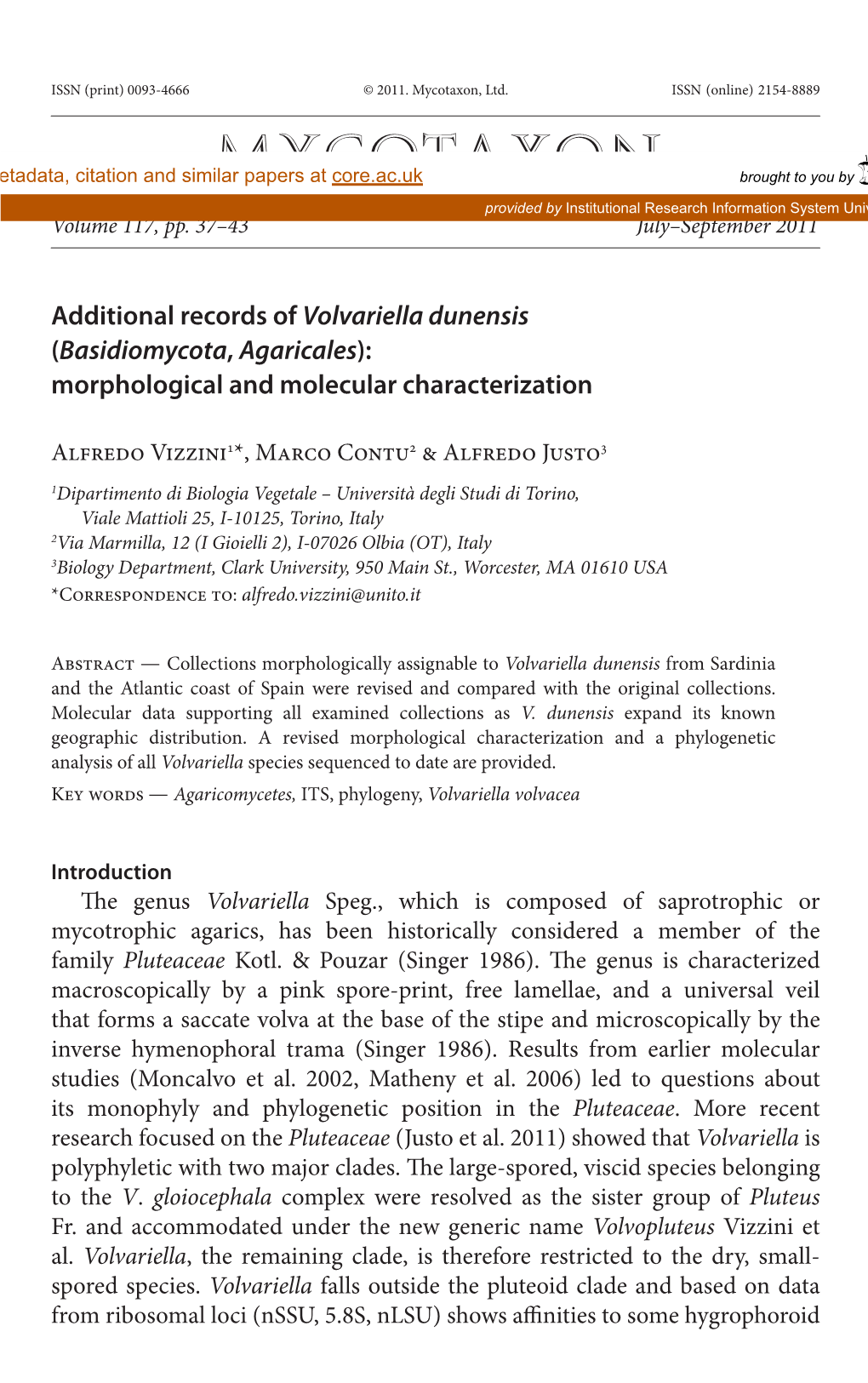 Additional Records of &lt;I&gt;Volvariella Dunensis&lt;/I&gt; (&lt;I&gt;Basidiomycota&lt;/I&gt;, &lt;I&gt; Agaricales&lt;/I&gt;)