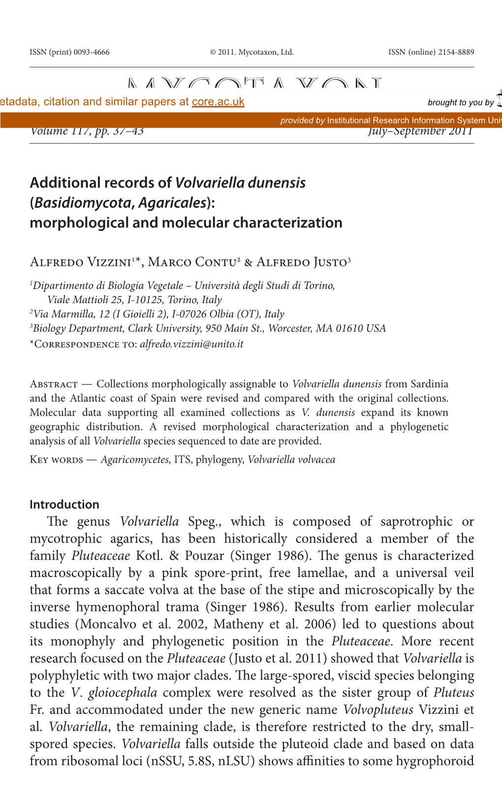 Additional Records of <I>Volvariella Dunensis</I> (<I>Basidiomycota</I>, <I> Agaricales</I>)