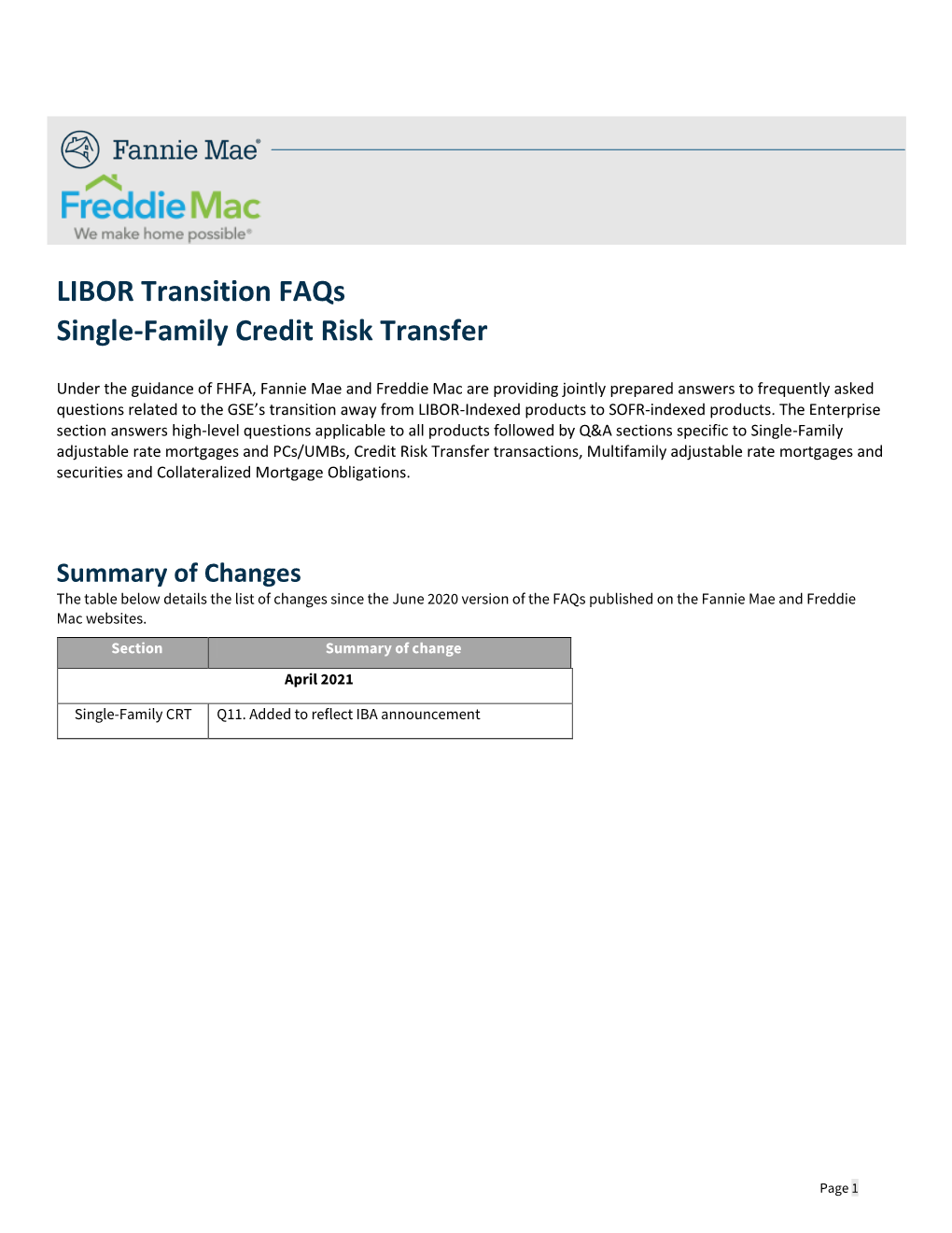 LIBOR Transition Faqs Single-Family Credit Risk Transfer