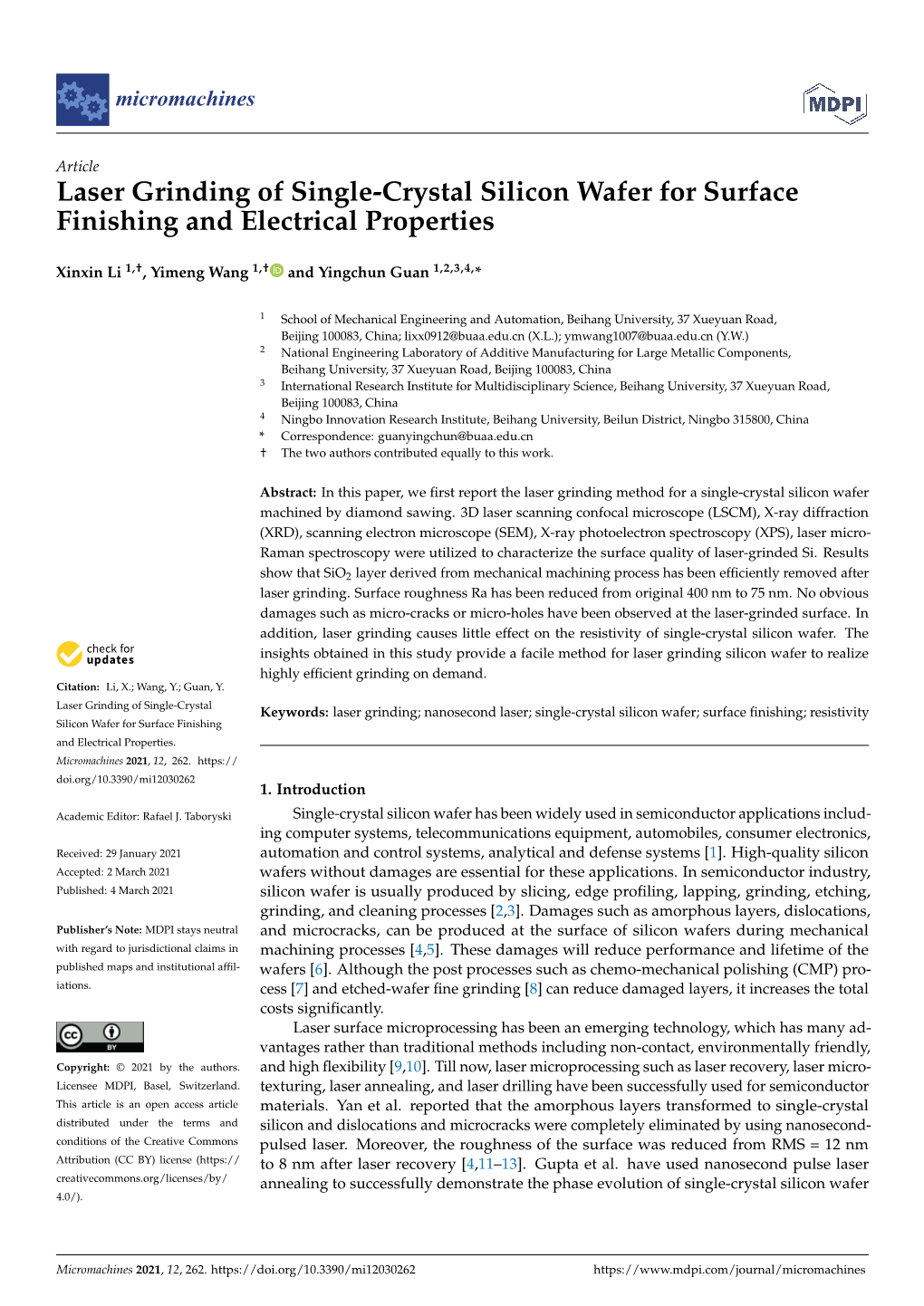 Laser Grinding of Single-Crystal Silicon Wafer for Surface Finishing and Electrical Properties