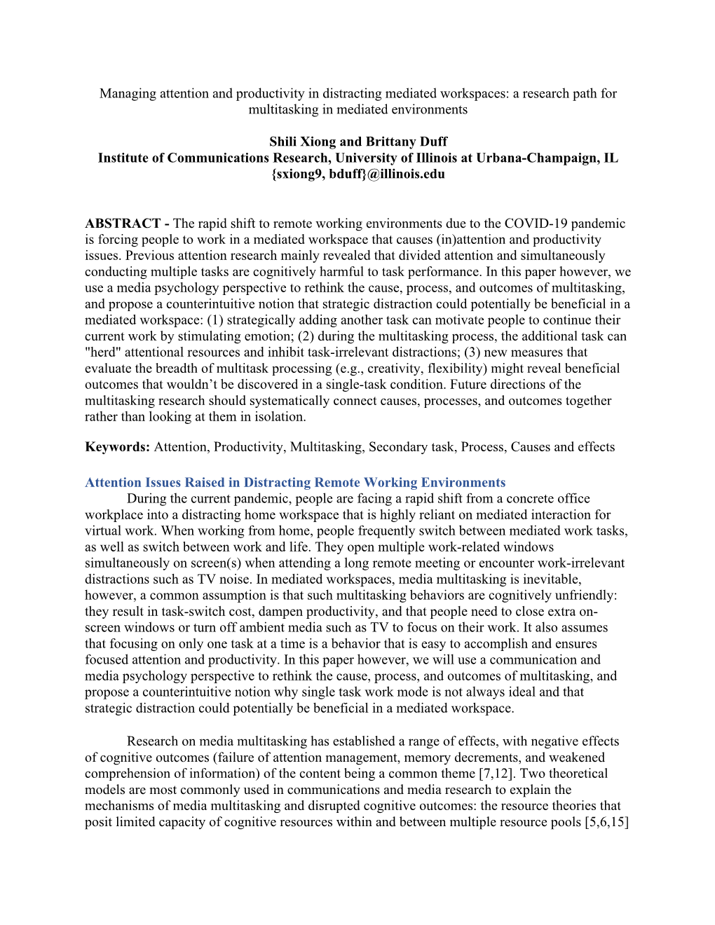 Managing Attention and Productivity in Distracting Mediated Workspaces: a Research Path for Multitasking in Mediated Environments