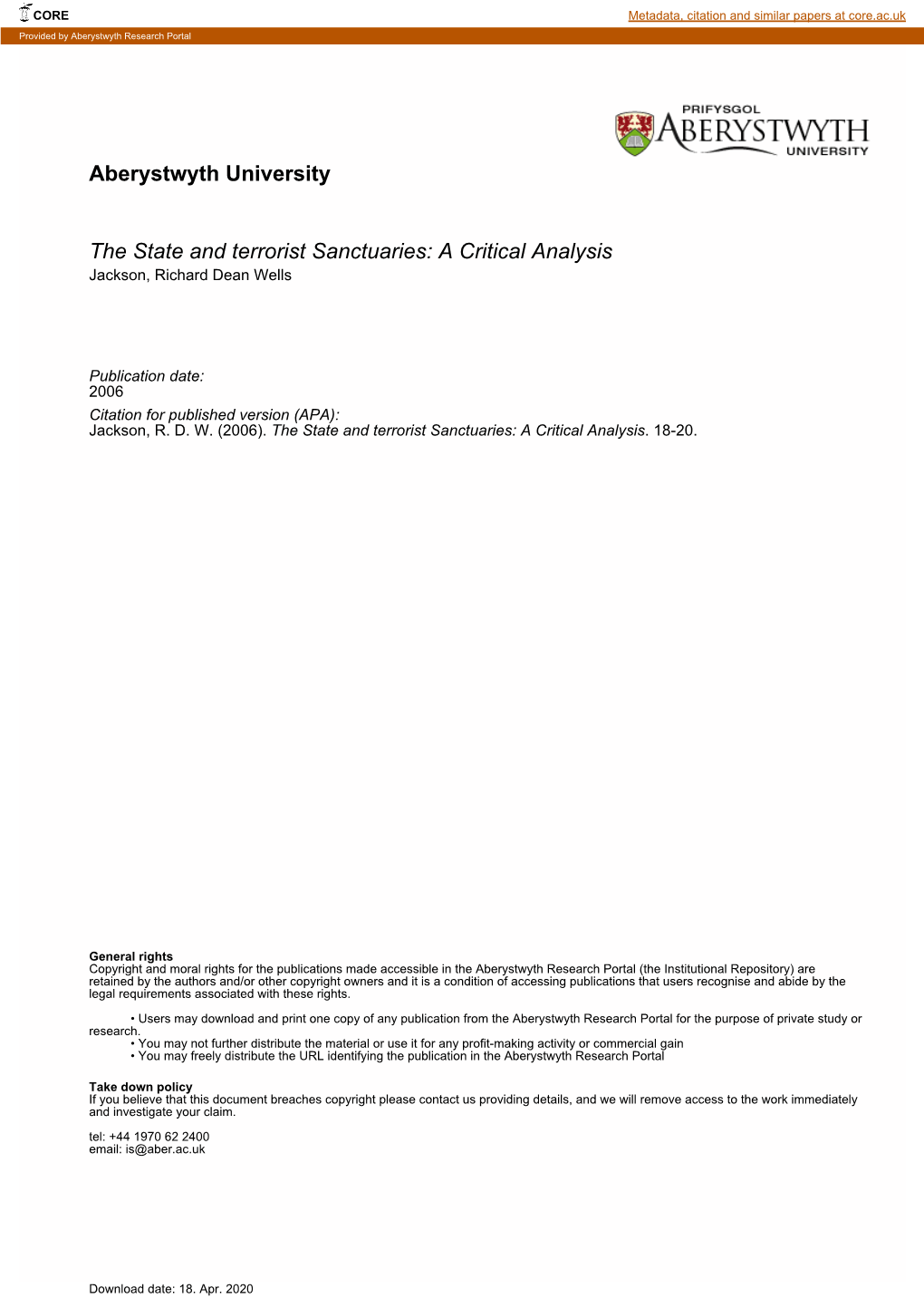 Terrorist Sanctuaries: a Critical Analysis Jackson, Richard Dean Wells