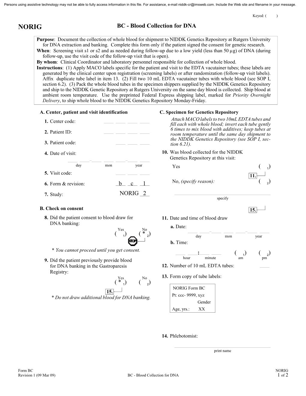 NORIG 2BC - Blood Collection for DNABC109 Mar 09 BC - Blood Collection for DNA