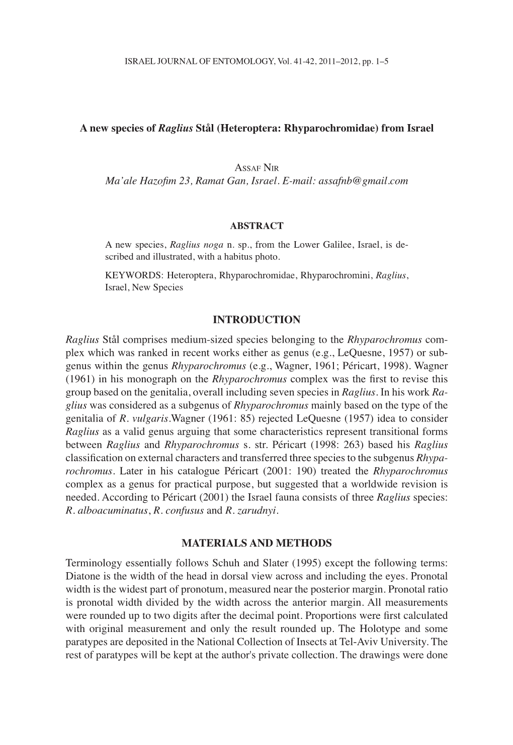 A New Species of Raglius Stål (Heteroptera: Rhyparochromidae) from Israel