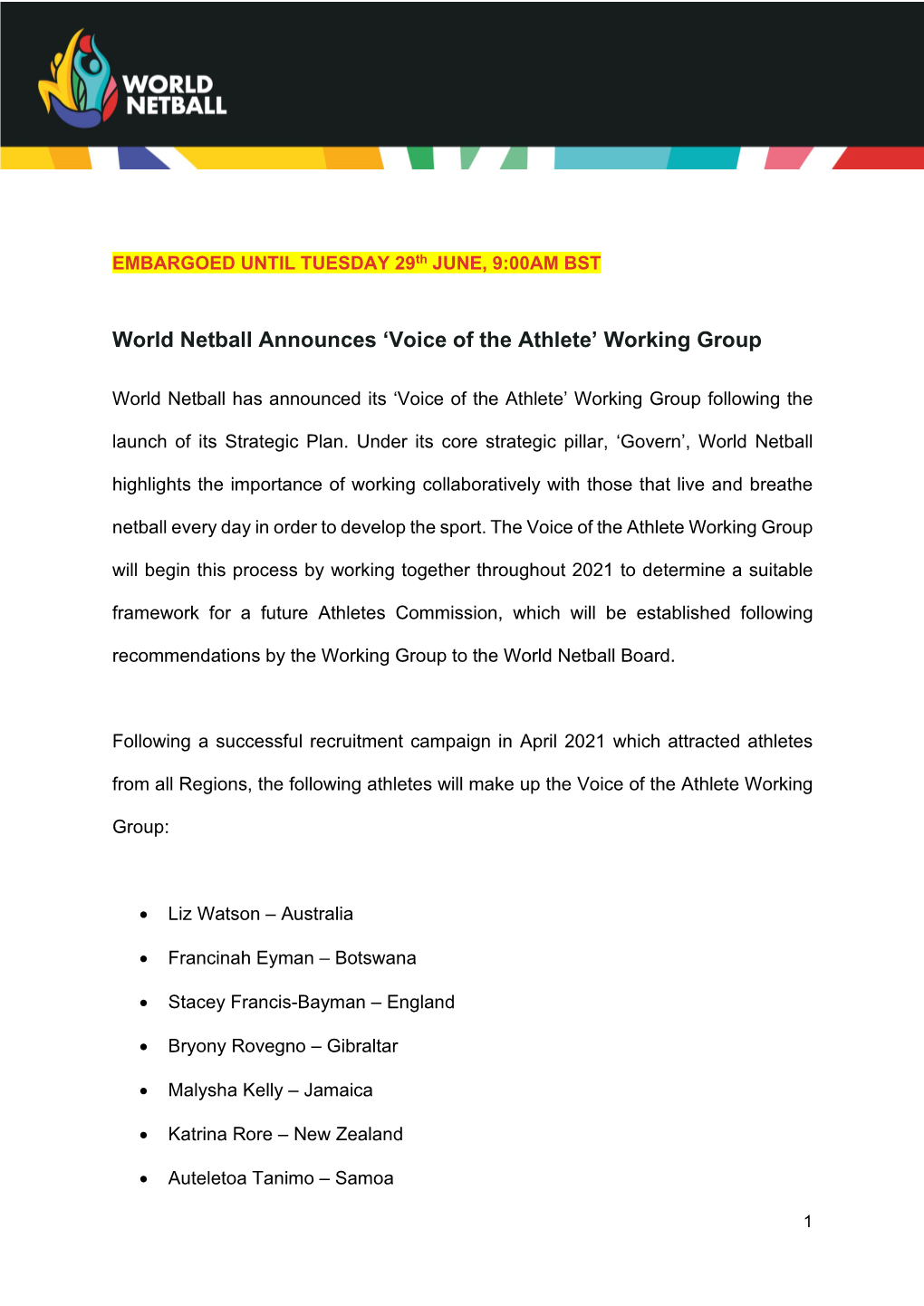 World Netball Announces 'Voice of the Athlete' Working Group