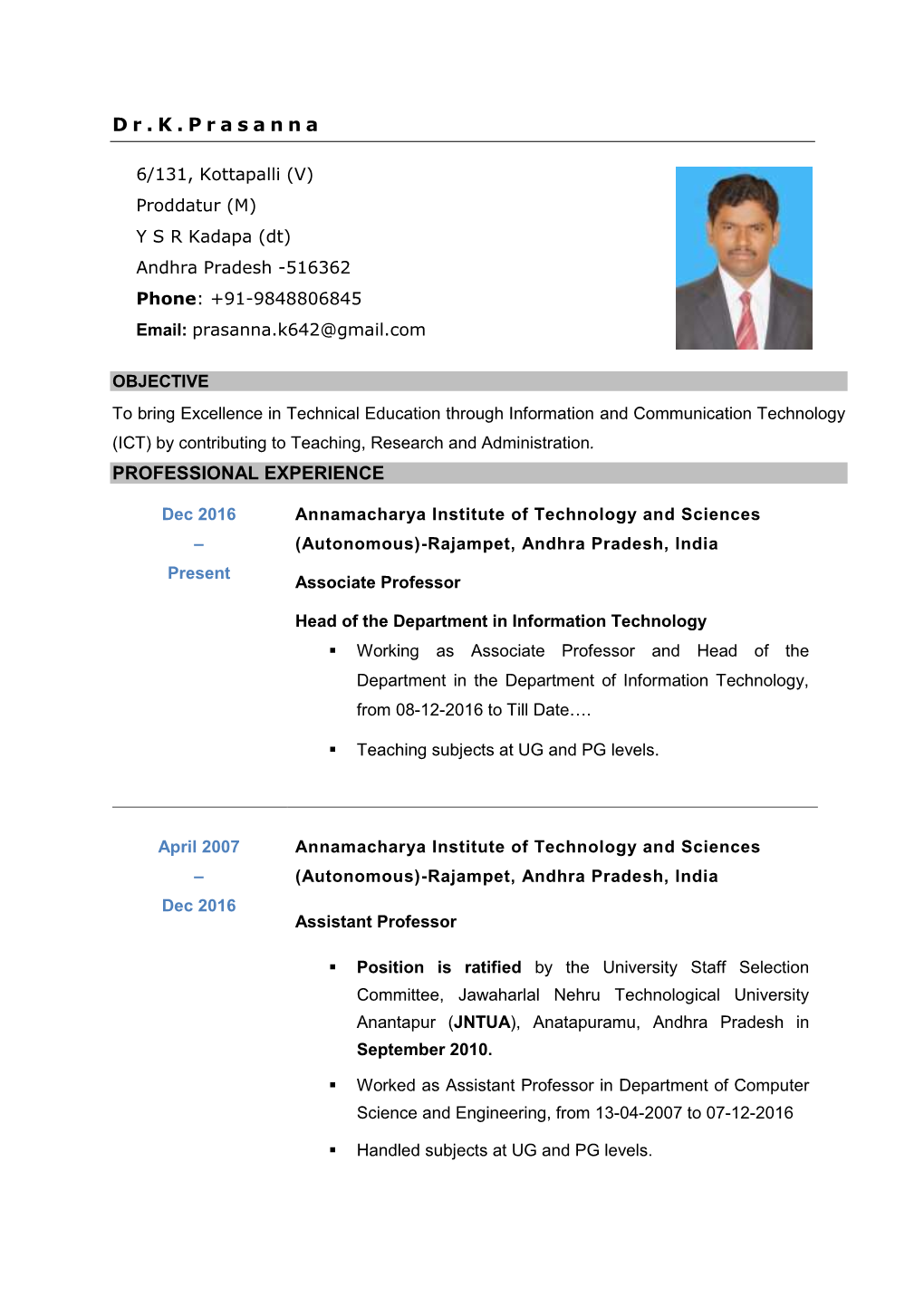 Dr.K.Prasanna PROFESSIONAL EXPERIENCE