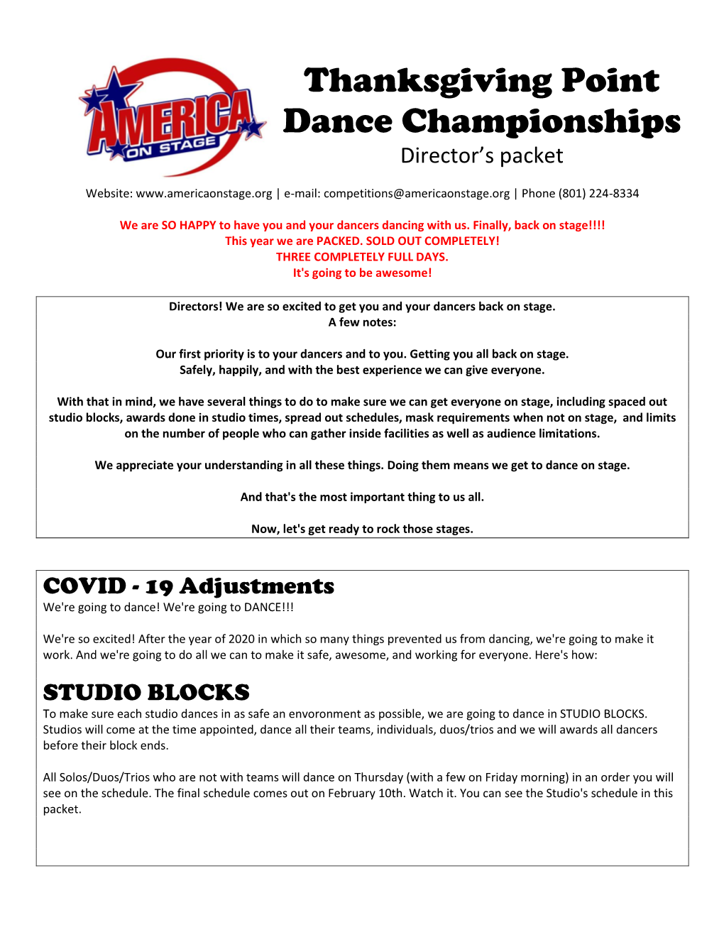 Thanksgiving Point Dance Championships Director’S Packet