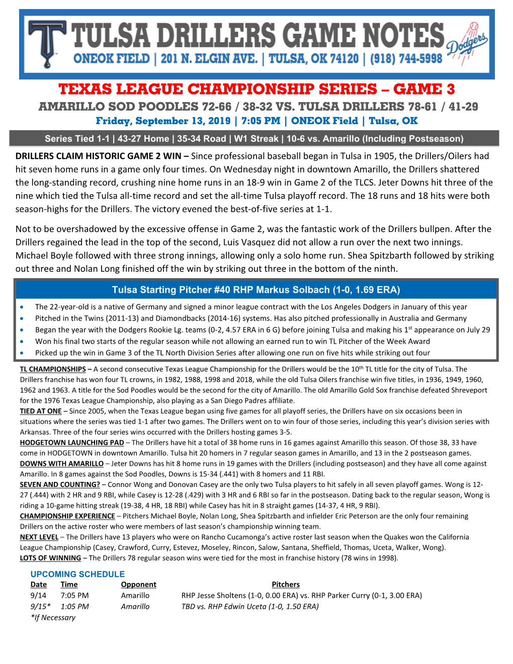 Texas League Championship Series – Game 3 Amarillo Sod Poodles 72-66 / 38-32 Vs