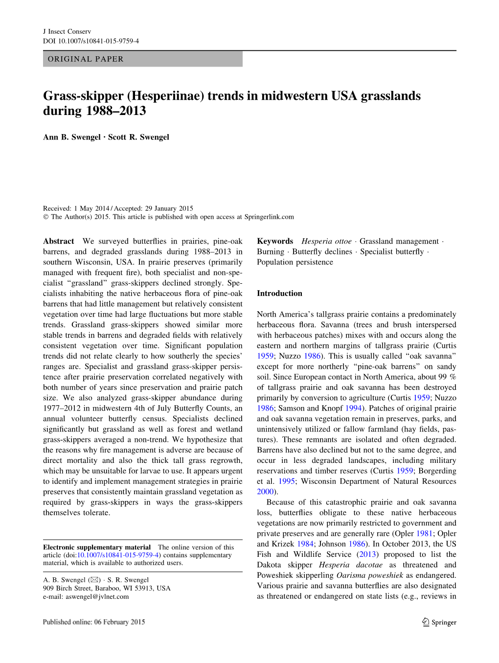 Grass-Skipper (Hesperiinae) Trends in Midwestern USA Grasslands During 1988–2013