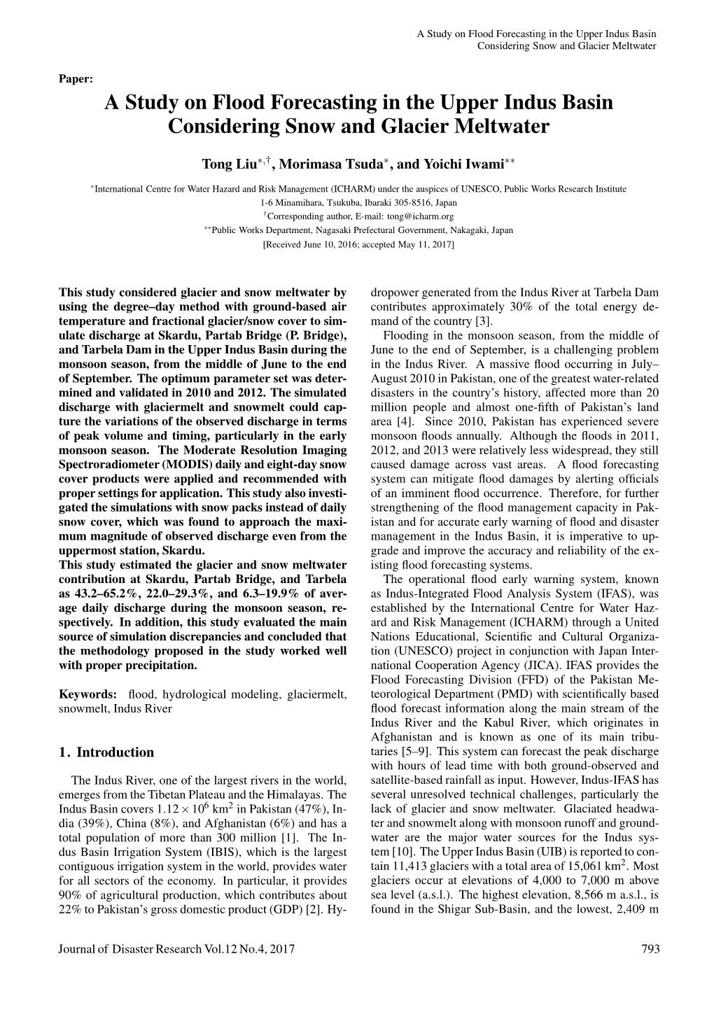 A Study on Flood Forecasting in the Upper Indus Basin Considering Snow and Glacier Meltwater