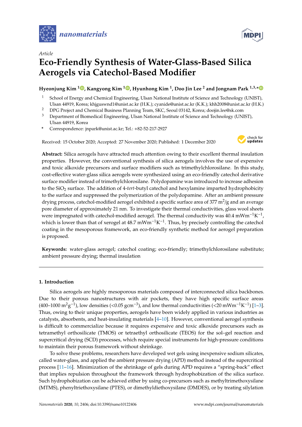 Eco-Friendly Synthesis of Water-Glass-Based Silica Aerogels Via Catechol-Based Modiﬁer