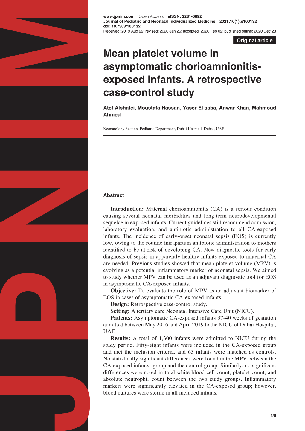 Mean Platelet Volume in Asymptomatic Chorioamnionitis-Exposed Infants