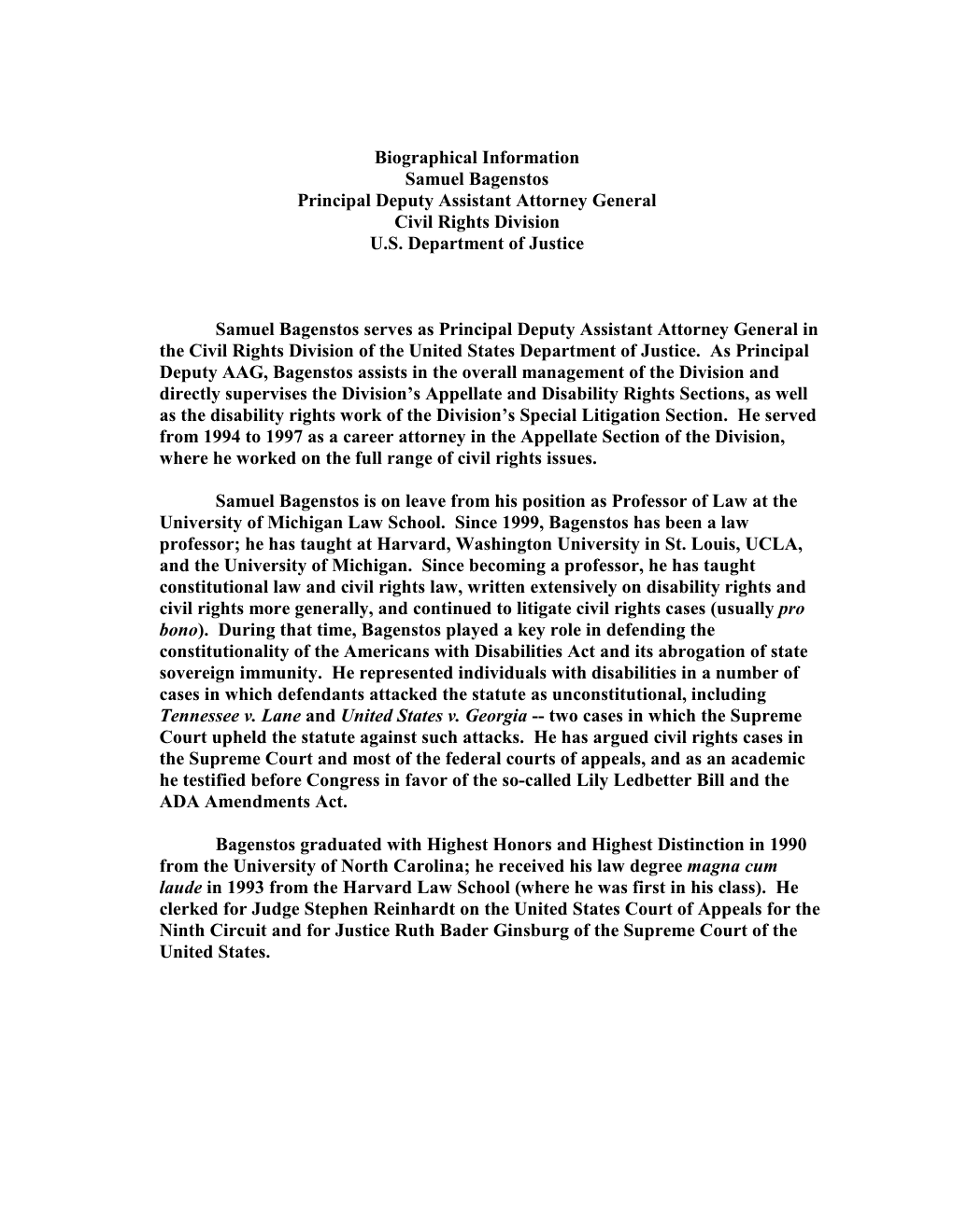 Biographical Information Samuel Bagenstos Principal Deputy Assistant Attorney General Civil Rights Division U.S